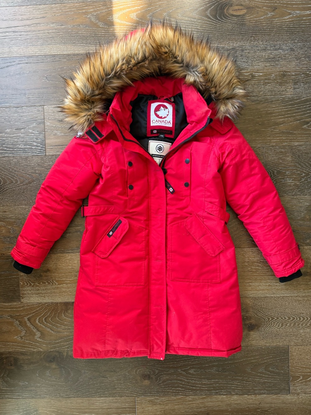 Canada Weather Gear - Women’s Red Parka with Removable Faux Fur Hood - Large